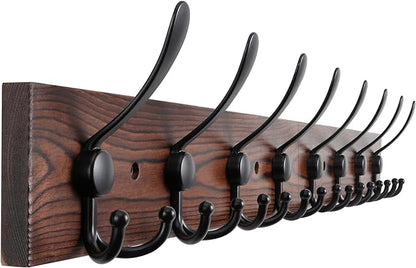 32.2'' Large Coat Rack Wall Mount Coat Hooks Coat Hanger with 8 Metal Black Triple- Hooks Brown Pine Real Wood Plank Hat Rack for Wall Hooks for Hanging Coat Hat Jacket