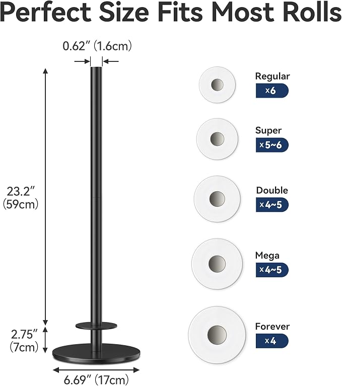 Black Toilet Paper Holder Stand for Spare Rolls Storage, Stainless Steel Freestanding Toilet Paper Holder with Shelf Hold 5 Paper Rolls