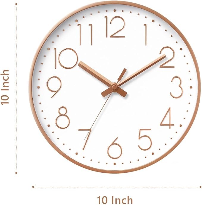 DAXSMY Wall Clock - 10 Inch Silent Non-Ticking Modern 3D Wall Clocks Battery Operated - Decorative Clock for Kitchen, Home Office, Bathroom, Bedroom(Rose Gold)