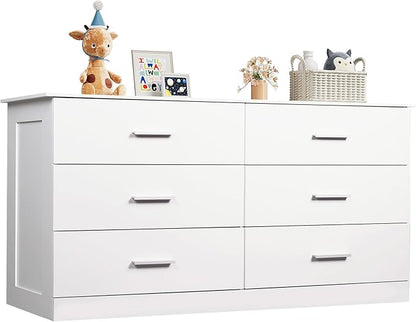 WLIVE White Dresser with 6 Drawers, Wide Wooden Chest of Drawers for Bedroom, Large White Storage Tower Unit, Modern Minimalist Closet Store Organizer for Living Room, Hallway