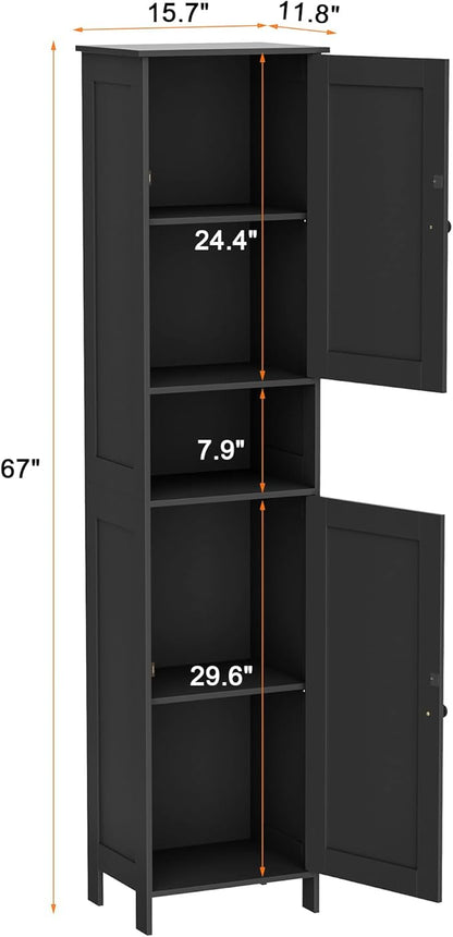 Homleke Tall Bathroom Storage Cabinet with 2 Doors, 67"H Narrow Storage Cabinet with Adjustable Shelves& Anti-Tip Design, Reversible Door Installation, Easy Assembly, 11.8 x 15.7 x 66.9 Inches, Black