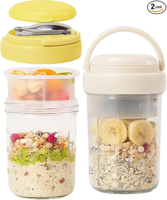 UWILLION Overnight Oats Containers with Lids and Handles, 16 oz Glass Mason Jars with Folding Spoons & Topping Compartments, Yogurt Parfait Cups for Meal Prep, Chia Pudding, Breakfast to Go, 2 Pack
