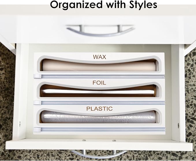 Bamboo Wrap Dispenser with Cutter, Plastic Wrap Organizer, Aluminum Foil Organization, and Wax Paper Dispenser Holder for Kitchen Drawer and Wall, Compatible with 12" Roll (02 White)