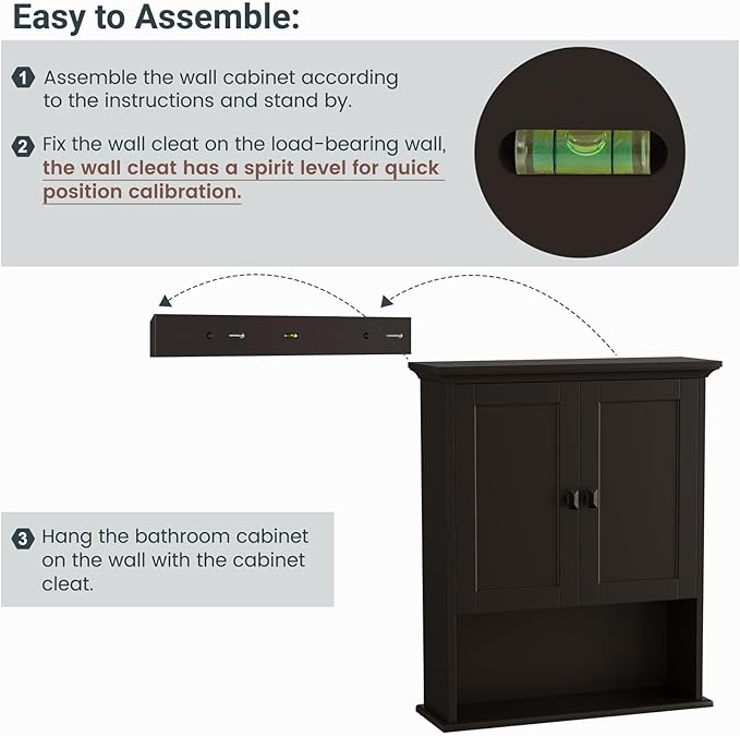 Bathroom Wall Cabinet, Over The Toilet Storage Cabinet Wall Mounted Medicine Cabinet with Build-in Spirit Level Cupboard Adjustable Shelves for Bathroom Laundry Room Kitchen, Espresso
