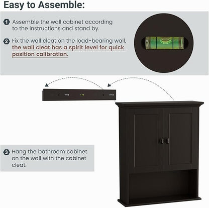 Bathroom Wall Cabinet, Over The Toilet Storage Cabinet Wall Mounted Medicine Cabinet with Build-in Spirit Level Cupboard Adjustable Shelves for Bathroom Laundry Room Kitchen, Espresso