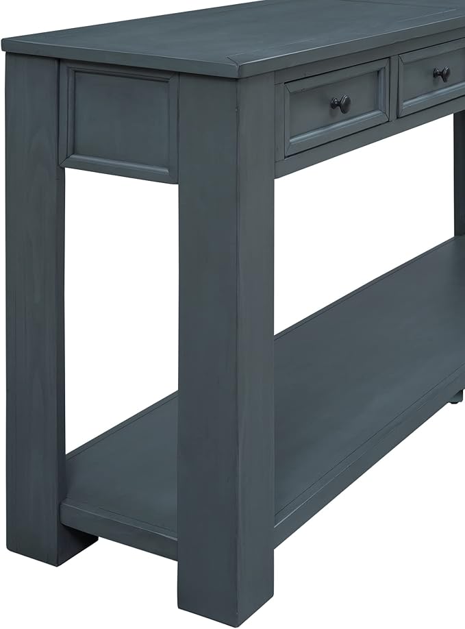 Knocbel Console Table with 4 Storage Drawers Bottom Shelf, Rustic Distressed Sofa Table for Entryway Hallway, Assembly Required, 63" W x 14" D x 30" H, Navy