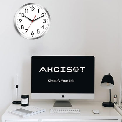 AKCISOT Wall Clock 10 Inch Silent Wall Clocks Battery Operated Non Ticking - Modern Silver Clock Decorative for Kitchen, Bathroom, Bedroom, Living Room, Office, Home(Silver)