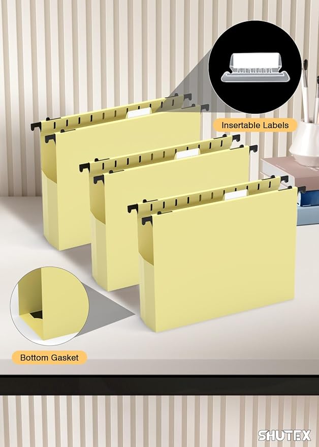 Extra Capacity Plastic Hanging File Folders,12 Pack Reinforced Hang Folder, Heavy Duty File Folders for Filing Cabinet for Bulk Files/Medical Charts, File Folders & Accessories(Cream Yellow)