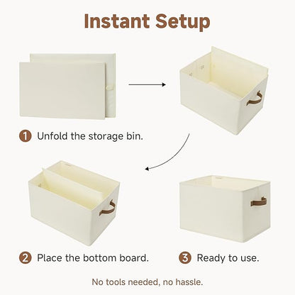 StorageWorks Storage Baskets for Shelves, Foldable Fabric Closet Storage Bins with PU Handles, Fabric Storage Bins Clothes Organizer, Ivory White, 3-Pack, Extra Large