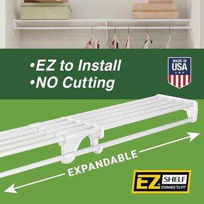 EZ SHELF- Closet Shelf with Hanging Rod, Expands 40.5-73", White, Closet Shelves Hold 200 lbs, Easy Install Closet Organizer to 2 Side Walls, Alternate for Closet Wire Shelving & Laundry Room Shelves