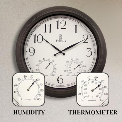 18 inch Outdoor Clocks for Patio Large Waterproof with Thermometer - Black Indoor Outdoor Clock with Temperature and Humidity for Wall - Weatherproof, Accurate & Easy to Read for Pool, Patio & Garden