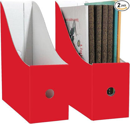 Limitliho Magazine File Folder Holder for Desk, Book Bins for Classroom Library,Office,Home, 10.6" H x 10.2" L x 3.5" W in Cardboard Paper Organizer (Red, 2 Pack)