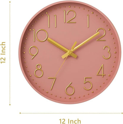 DAXSMY Wall Clock - 12 Inch Silent Non-Ticking Modern 3D Wall Clocks Battery Operated - Decorative Clock for Kitchen, Home Office, Bathroom, Bedroom, Living Room(Pink)
