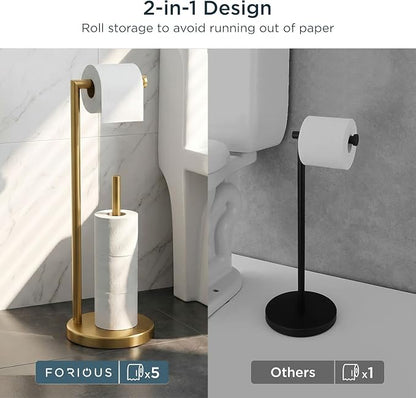 FORIOUS Toilet Paper Holder Stand, Modern Freestanding Tissue Roll Holder for Bathroom, Durable 304 Stainless Steel and Weighted Base Toilet Paper Stand, toilet paper storage for 4 Rolls, Brushed Gold