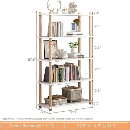 IOTXY 5-Tier Wooden Shelf Bookcase - Modern Open Bookshelf, Free Standing Storage Rack, Multifunctional Display Stand for Home and Office, White, Rectangle