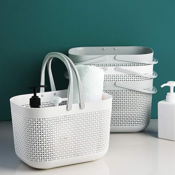 UUJOLY Portable Shower Caddy Basket Tote, Plastic Storage Basket with Handles Organizer Bins for Kitchen Bathroom College Dorm, White 2 Pack