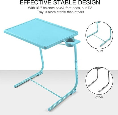 HUANUO Adjustable TV Tray Table - TV Dinner Tray with Cup Holder on Bed & Sofa, Comfortable Folding Table with 6 Height & 3 Tilt Angle Adjustments for Laptop (Azure)