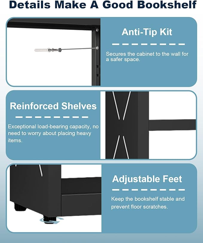 METALOONG 5-Cube Bookshelf, All Steel Bookcase with Adjustable Shelves & Anti-Tip Kit for Home Office, Hallway, and Garage, Modern Tall Display Shelves, Heavy-Duty Storage Organizer (Black)