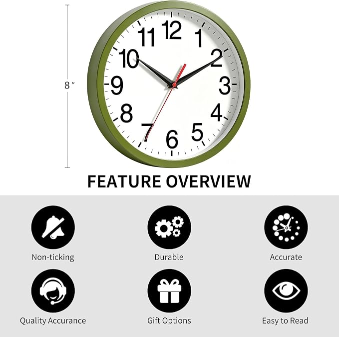 Rohioue Wall Clock Modern 8 Inch Battery Operated Silent Non Ticking Small Analog Clock Decorative for Bedroom Kitchen Bathroom Office Home (Olive Green)