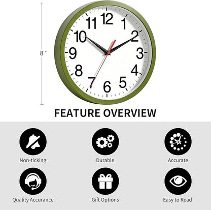 Rohioue Wall Clock Modern 8 Inch Battery Operated Silent Non Ticking Small Analog Clock Decorative for Bedroom Kitchen Bathroom Office Home (Olive Green)