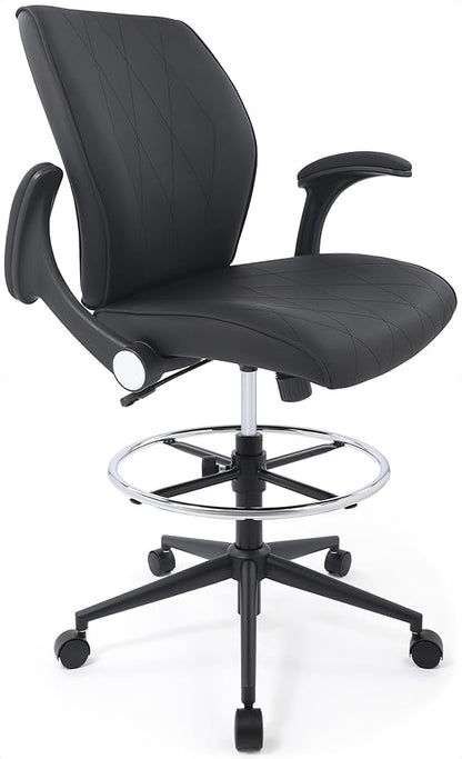 Ergonomic Adjustable Drafting Chair Extra Tall Office Stool for Standing Desk, Mid Back Faux Leather Counter Height Comfortable Bar High Roll Tilt Computer Chair with Flip Up Arms and Foot Ring, Black