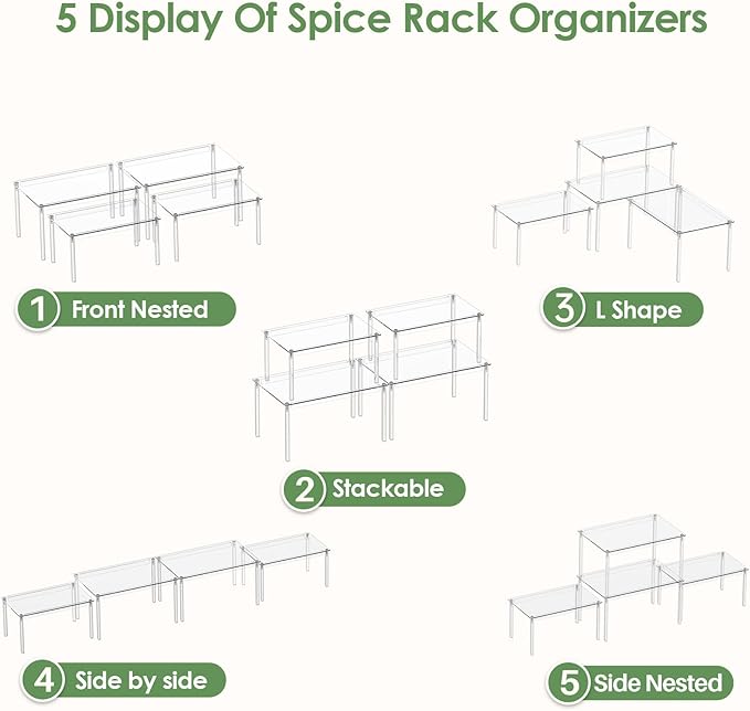 Delamu Cabinet Shelves, Clear Stackable Acrylic Storage Risers with Heavy Duty Support, Cabinet Organizer Shelf for Spices, Seasonings, Jars, Pantry, Kitchen Counter, Easy Assembly