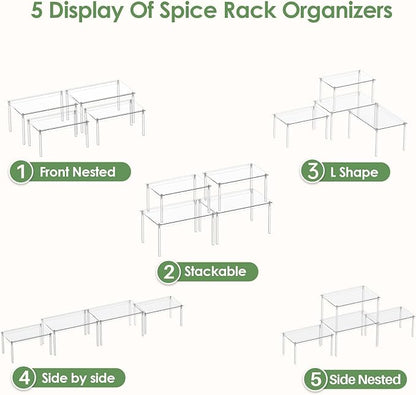 Delamu Cabinet Shelves, Clear Stackable Acrylic Storage Risers with Heavy Duty Support, Cabinet Organizer Shelf for Spices, Seasonings, Jars, Pantry, Kitchen Counter, Easy Assembly