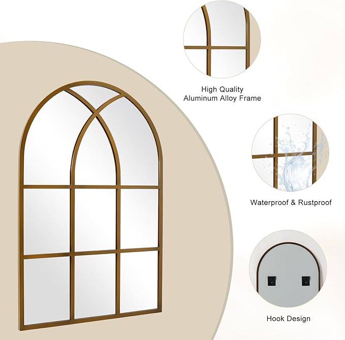 Arched Window pane Wall Mirror 30"x40", Window Shaped Farmhouse Style with Aluminum Frame, Decorative Wall Mirror Leaning Hanging for Living Room, Courtyard, Bedroom, Entryway, Bronze