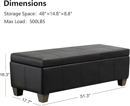 51 Inch Storage Ottoman, Storage Bench with Safety Hinge, Upholstered Synthetic Leather Ottoman Bench for Bedroom, Living Room, Entryway, Hallway, Foot Rest, Support 500lbs, Black