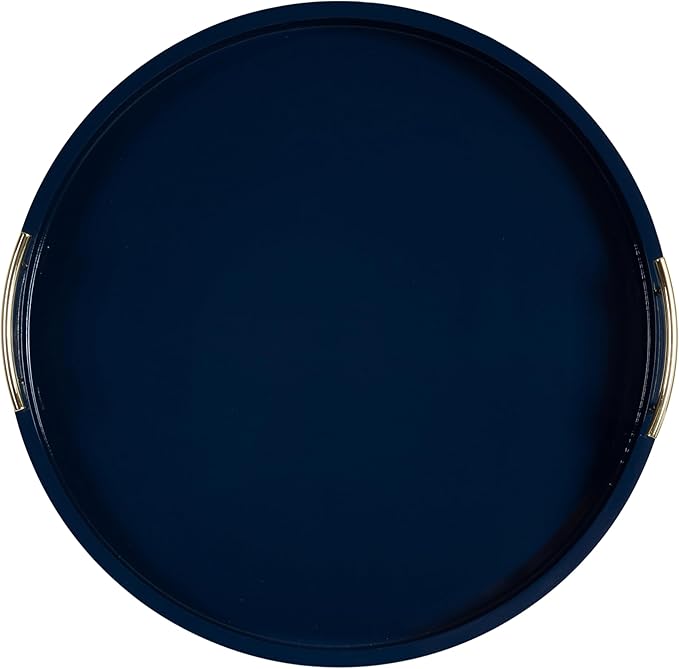 Kate And Laurel Lipton Modern Round Ottoman Tray; 22 Inch Diameter; Navy and Gold; Decorative Circle Coffee Table Tray for Living Room Decor or Large Serving Tray
