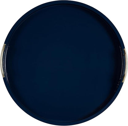 Kate And Laurel Lipton Modern Round Ottoman Tray; 22 Inch Diameter; Navy and Gold; Decorative Circle Coffee Table Tray for Living Room Decor or Large Serving Tray