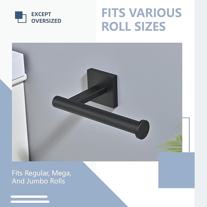 Toilet Paper Roll Holder Stand with 2 Robe Towel Hooks,Wall Mounted Matte Black 3 Piece Bathroom Hardware Set, SUS 304 Stainless Steel, Drilling Hole Bath Accessories (Black)