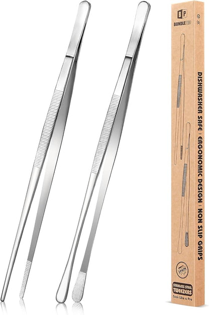 2 Pcs 12-Inch Kitchen Tweezers Fine Tweezer Tongs, Stainless Steel Professional Long Cooking Tweezers for BBQ, Sea Food, Repairing and Serving (SILVER)