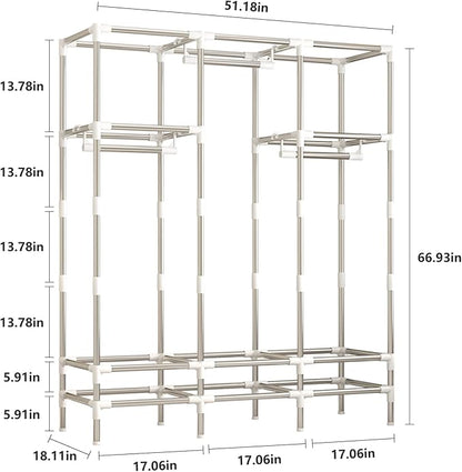 Portable Armoire Wardrobe Closet with 3 Drawers and 3 Hanging Rods,Cloth Closet Wardrobe Cabinet for Hanging Clothes,Grey Cover,for Clothing,Bedding,51 in Width