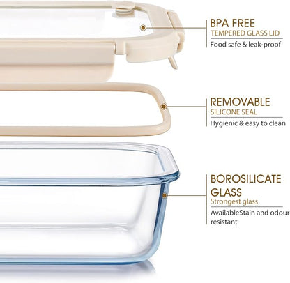 NUTRIUPS Glass Food Storage Containers with Glass Lids, 35 OZ, Set of 2 | Rectangle, 4 Cup, High Borosilicate Glass Meal Prep Containers