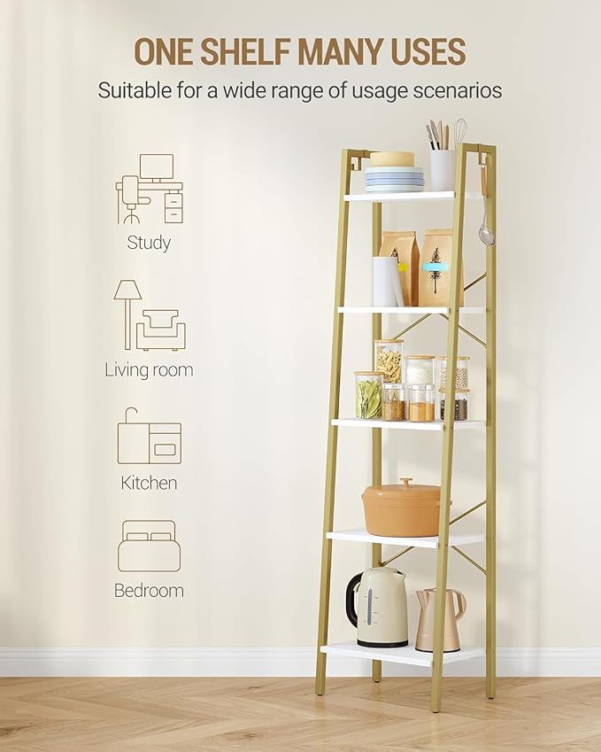 Ladder Shelf, Bookshelf Bookcase, Freestanding Corner Storage Shelve with 2 Hooks for Home Office, Living Room, Kitchen, Bedroom, Industrial, 11.8" D x 17.3" W x 63" H, White Gold BC19213G