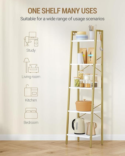 Ladder Shelf, Bookshelf Bookcase, Freestanding Corner Storage Shelve with 2 Hooks for Home Office, Living Room, Kitchen, Bedroom, Industrial, 11.8" D x 17.3" W x 63" H, White Gold BC19213G
