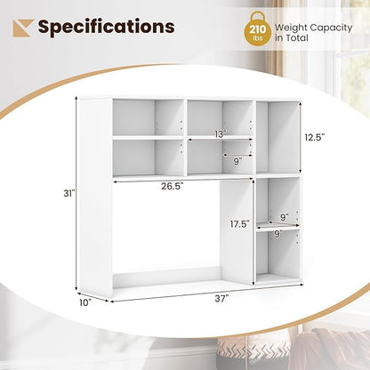 Desk Hutch, Desktop Shelf with 7 Shelves, Desk Bookshelf w/Anti-Toppling Devices, Wood Table Top Bookshelf Organizer, Small Desk Shelf for Study, Office, Dorm (White, 7 Shelves)