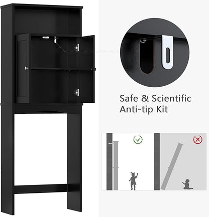 Over The Toilet Storage Cabinet, Over The Toilet Storage with Adjustable Shelf and Double Doors, Above Toilet Storage Cabinet for Bathroom Storage Over Toilet Bathroom Organizer (Black)