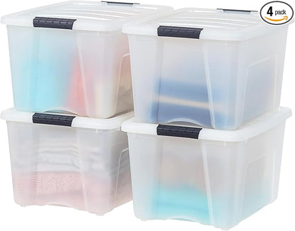 IRIS USA 40 Qt Stackable Plastic Storage Bins with Lids, 4 Pack - BPA-Free, Made in USA - Discreet Organizing Solution, Latches, Durable Nestable Containers, Secure Pull Handle - Pearl