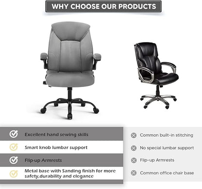 YAMASORO Executive Office Chair,Big and Tall Ergonomic Desk Chair with Adjustable Lumbar Support, Comfortable Computer Chair wih Flip-up Arms and Wheels, Gray