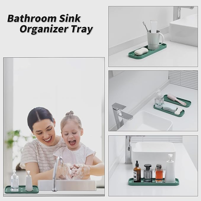 MicoYang Silicone Kitchen Sink Organizer Tray for Multiple Usage,Eco-Friendly Sponges Holder for Kitchen Bathroom Counter or Sink,Dish Soap Dispenser,Scrubber,Bottle,Cup (Green, 12"×4")