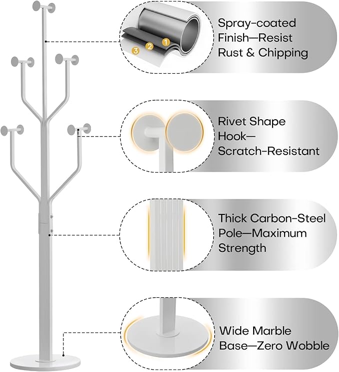 Coat Rack Freestanding with 10 Hooks, Metal Coat Rack Stand, Heavy Duty Standing Coat Tree with Sturdy Round Base for Clothes, Hat, Jacket/Entryway, Hallway, Bedroom, White