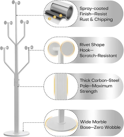 Coat Rack Freestanding with 10 Hooks, Metal Coat Rack Stand, Heavy Duty Standing Coat Tree with Sturdy Round Base for Clothes, Hat, Jacket/Entryway, Hallway, Bedroom, White