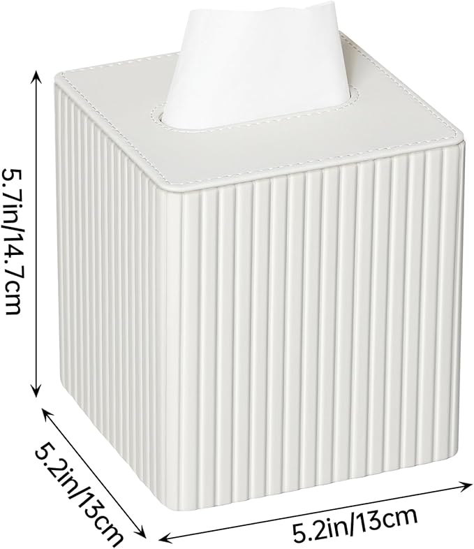 MEIBOOCH PU Leather Tissue Box Cover Square Tissue Box Holder with Magnetic Closure (Ivory Stripe)