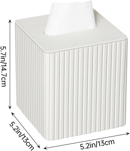 MEIBOOCH PU Leather Tissue Box Cover Square Tissue Box Holder with Magnetic Closure (Ivory Stripe)