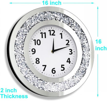 DMDFIRST Crystal Crushed Diamond Mirrored Round Wall Clock 16x16x2 inches for Wall Decoration Silver Glass Mirror Clock Sparkle Twinkle Bling Home Decor. AA Battery is not Included.