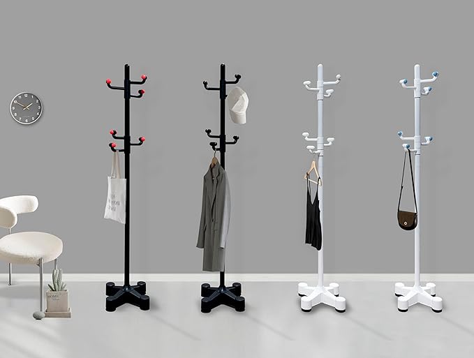 PRINCE HANGER Modern Freestanding Coat Rack for Small Entryways — 6 Rotating Hooks, Height Adjustable, Space-Saving Single Pole Design (Black/PHUS-3002)