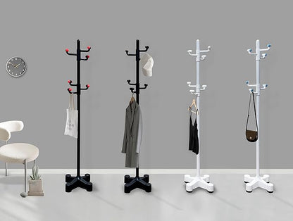 PRINCE HANGER Modern Freestanding Coat Rack for Small Entryways — 6 Rotating Hooks, Height Adjustable, Space-Saving Single Pole Design (Black/PHUS-3002)