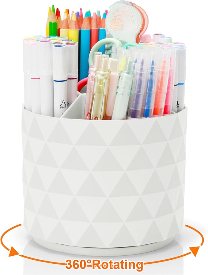 Cute Pencil Holders For Desk,360-Degree Rotating Pen Holders For Home Office,Diamond-like Pen Organizer With 5 Compartments,Stylish Desk Accessories For Office,School ,Home ,Art Supply (White)